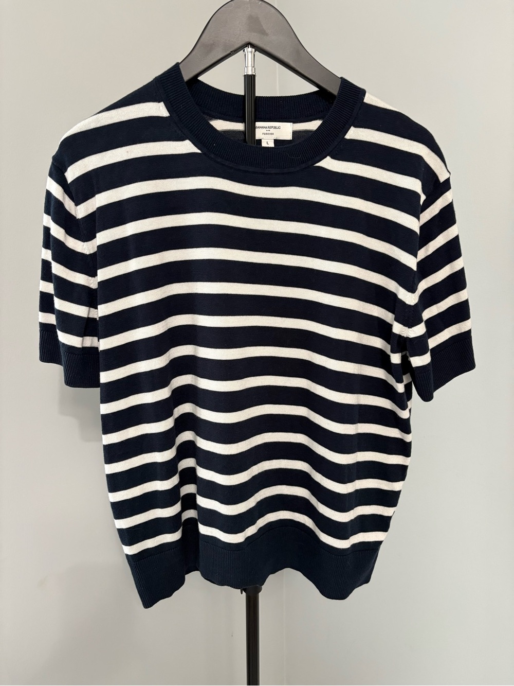 Banana Republic Forever Striped Short Sleeve Sweater Top Navy White Knit L - Picture 2 of 7